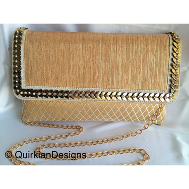 Beige, White And Copper Fabric Clutch Purse With Gold And Diamante Beads, Wedding Clutch, Party Bag